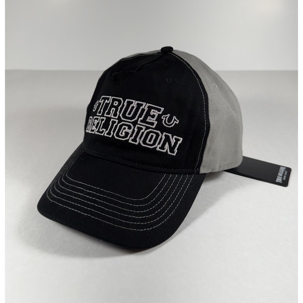TRUE RELIGION Embroidered Trucker Strapback Hat Cap Black Gray Men's *NEW* $59